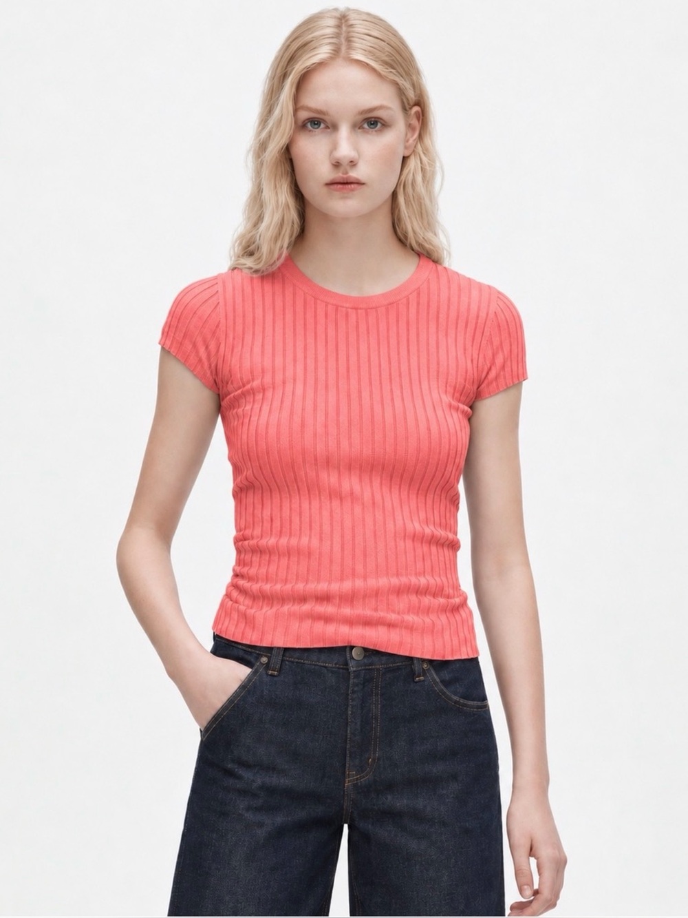 J.Crew 100% Cashmere Featherweight Ribbed Sweater-Tee Neon Brilliant Peony CP631